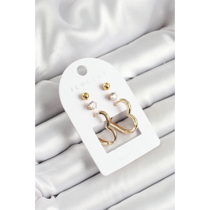 Mey İthalat® Pirinç Zirkon Taş Ve Kalp Figürlü Gold Renk 3lü Çift Kadın Küpe Set