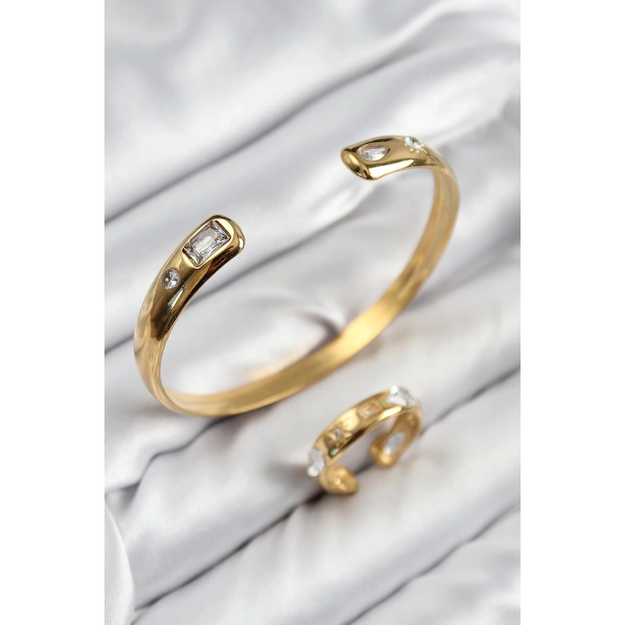Mey İthalat® Pirinç Zirkon Taşlı Ayrık Model Gold Renk Bileklik Yüzük Set