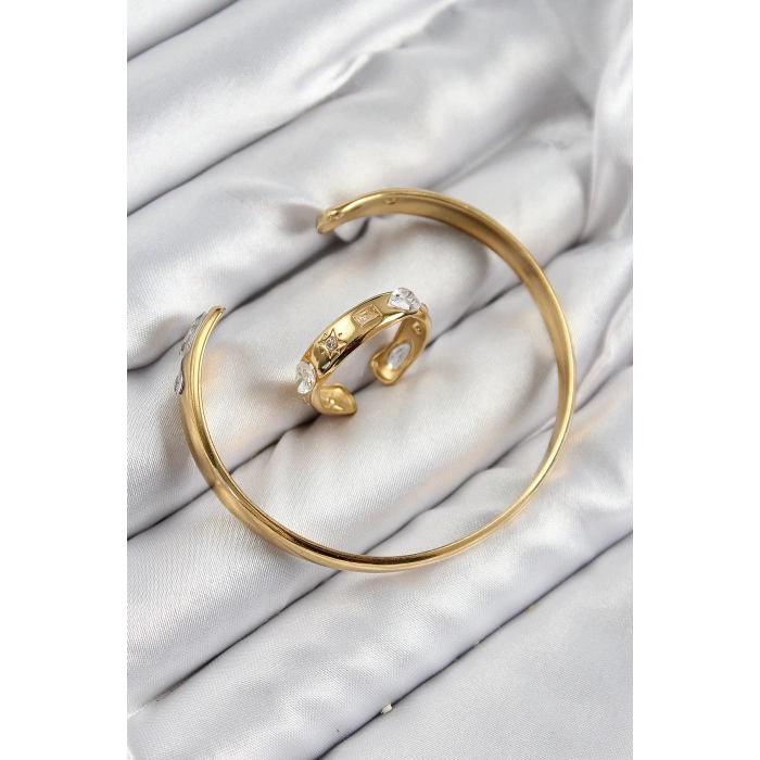 Mey İthalat® Pirinç Zirkon Taşlı Ayrık Model Gold Renk Bileklik Yüzük Set