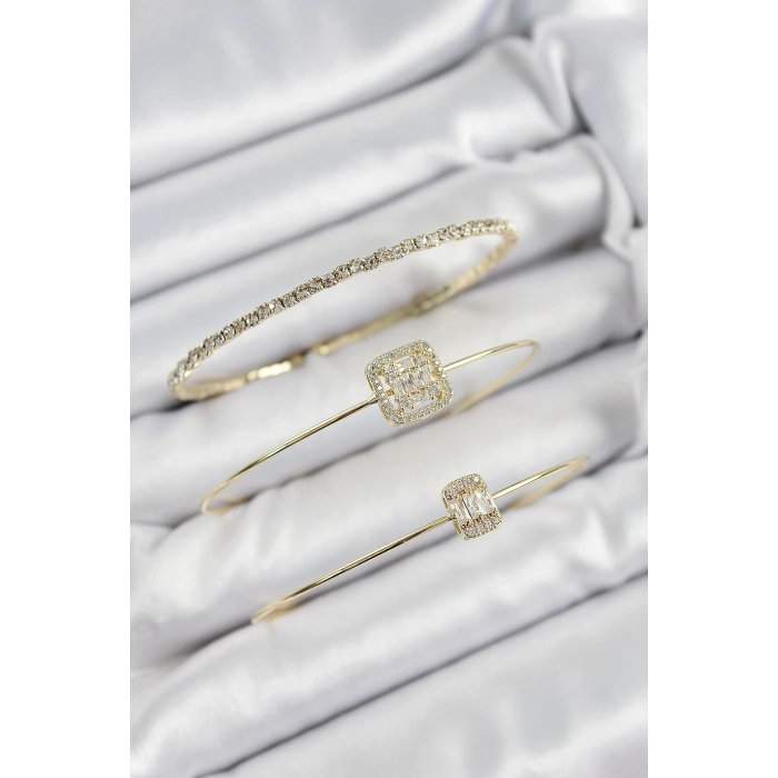 Mey İthalat® Pirinç Zirkon Taşlı Baget Model Gold Renk Vip 3lü Kadın Bileklik