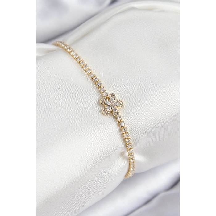 Mey İthalat® Pirinç Zirkon Taşlı Çiçek Model Gold Renk Kadın Bileklik