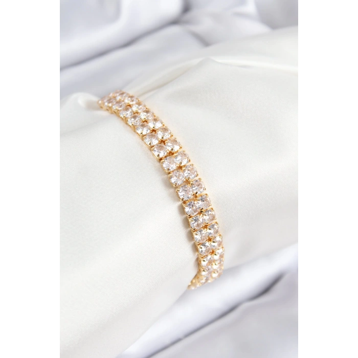Mey İthalat® Pirinç Zirkon Taşlı Çift Sıra Kare Model Gold Renk Asansörlü Kadın Bileklik