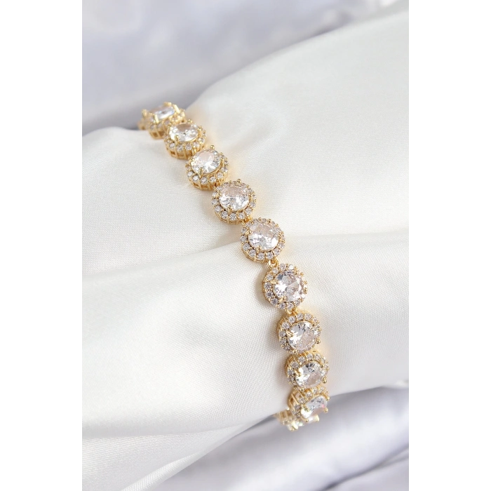 Mey İthalat® Pirinç Zirkon Taşlı Daire Baget Model Gold Renk VIP Seri Kadın Bileklik