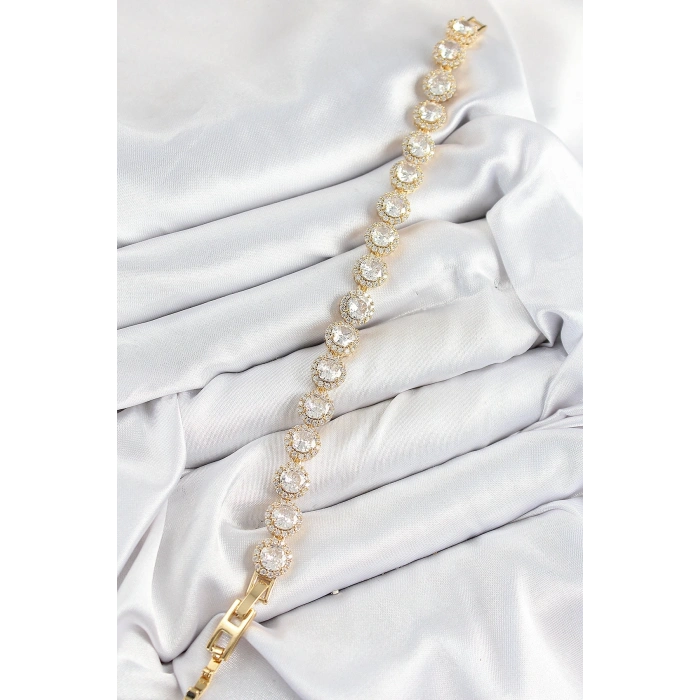 Mey İthalat® Pirinç Zirkon Taşlı Daire Baget Model Gold Renk VIP Seri Kadın Bileklik