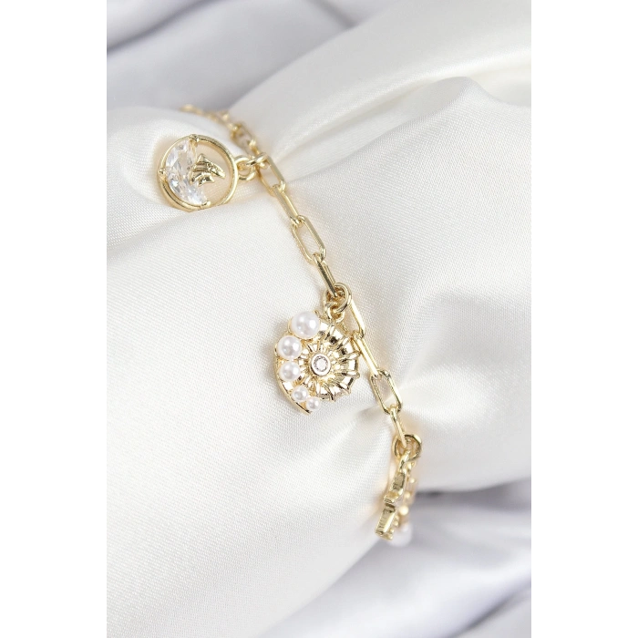 Mey İthalat® Pirinç Zirkon Taşlı Deniz Kabuğu Model Gold Renk Kadın Bileklik