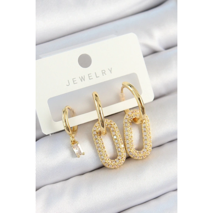 Mey İthalat® Pirinç Zirkon Taşlı Dikdörtgen Model Gold Renk 3lü Çift Kadın Küpe Set