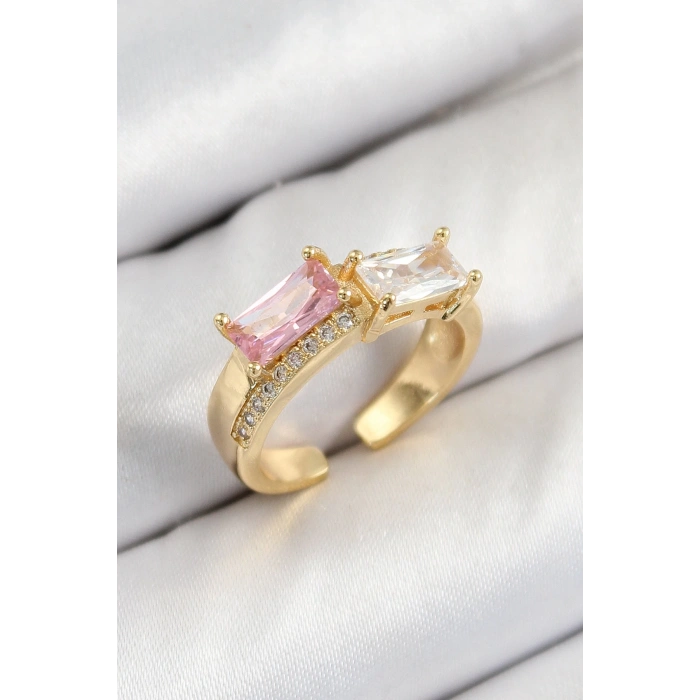 Mey İthalat® Pirinç Zirkon Taşlı Dikdörtgen Model Gold Renk Kadın Yüzük