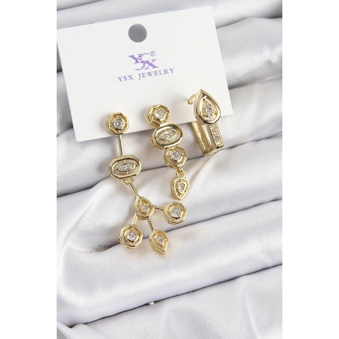 Mey İthalat® Pirinç Zİrkon Taşlı Geometrik Model Gold Renk 3lü Kadın Küpe