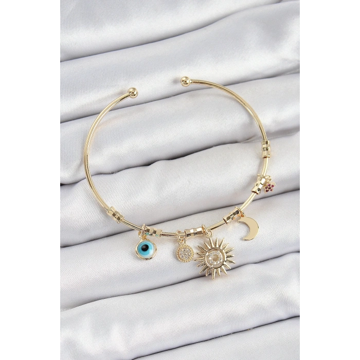 Mey İthalat® Pirinç Zirkon Taşlı Güneş Ay Nazar Model Gold Renk Charm Bileklik