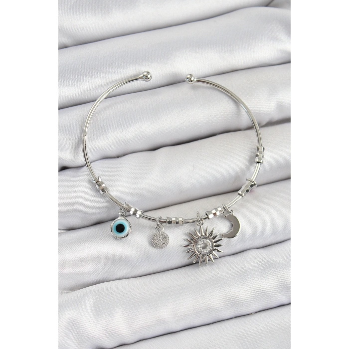 Mey İthalat® Pirinç Zirkon Taşlı Güneş Ay Ve Nazar Model Gümüş Renk Charm Bileklik
