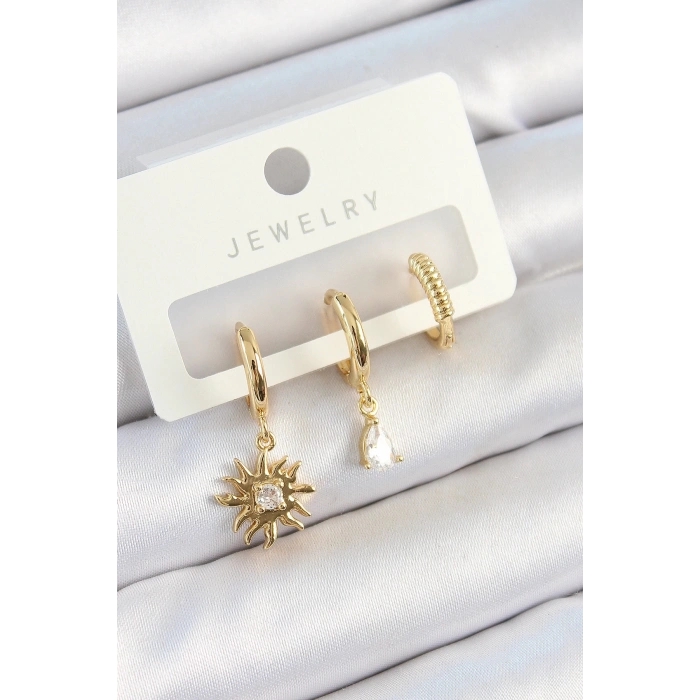 Mey İthalat® Pirinç Zirkon Taşlı Güneş Model Gold Renk 3lü Çift Kadın Küpe Set