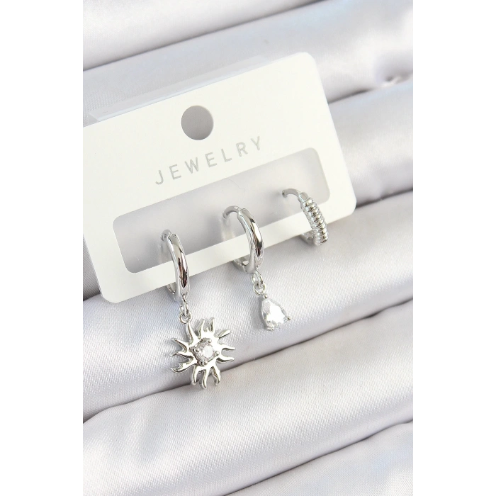 Mey İthalat® Pirinç Zirkon Taşlı Güneş Model Gümüş Renk 3lü Çift Kadın Küpe Set