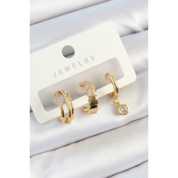 Mey İthalat® Pirinç Zirkon Taşlı Halka Model Gold Renk 3lü Çift Kadın Küpe Set