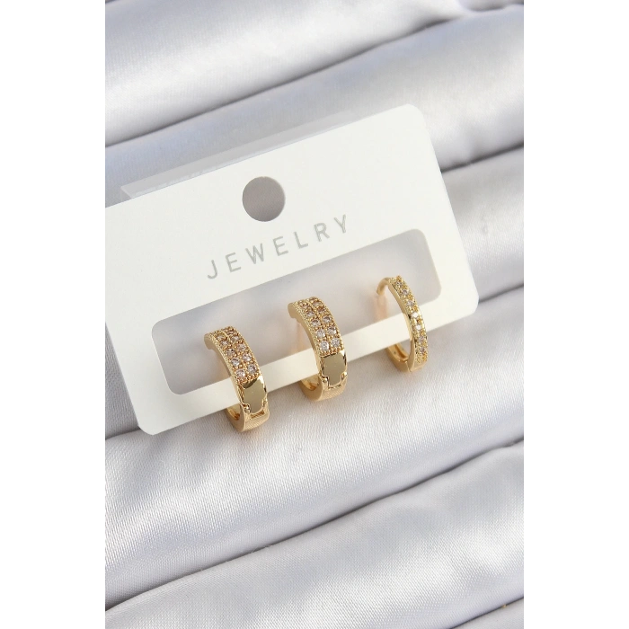 Mey İthalat® Pirinç Zirkon Taşlı Halka Model Gold Renk 3lü Çift Kadın Küpe Set