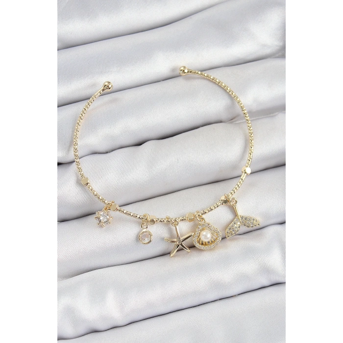 Mey İthalat® Pirinç Zirkon Taşlı İstiridye Ve Deniz Yıldızı Model Gold Renk Charm Bileklik