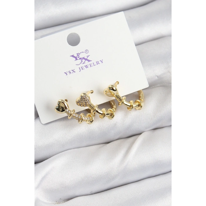 Mey İthalat® Pirinç Zİrkon Taşlı Kalp Model Gold Renk 3lü Kadın Küpe