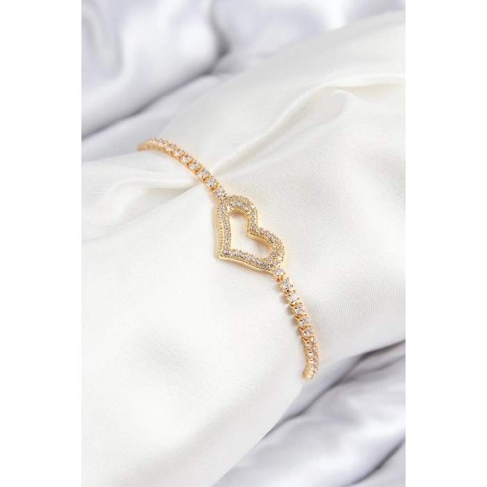 Mey İthalat® Pirinç Zirkon Taşlı Kalp Model Gold Renk Asansörlü Kadın Bileklik