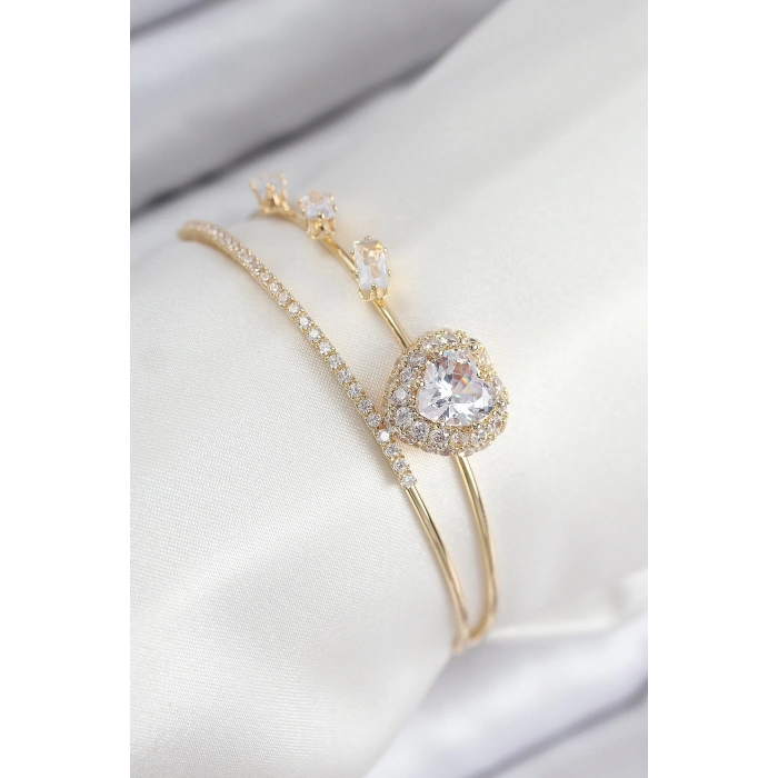 Mey İthalat® Pirinç Zirkon Taşlı Kalp Model Gold Renk Kadın Bileklik