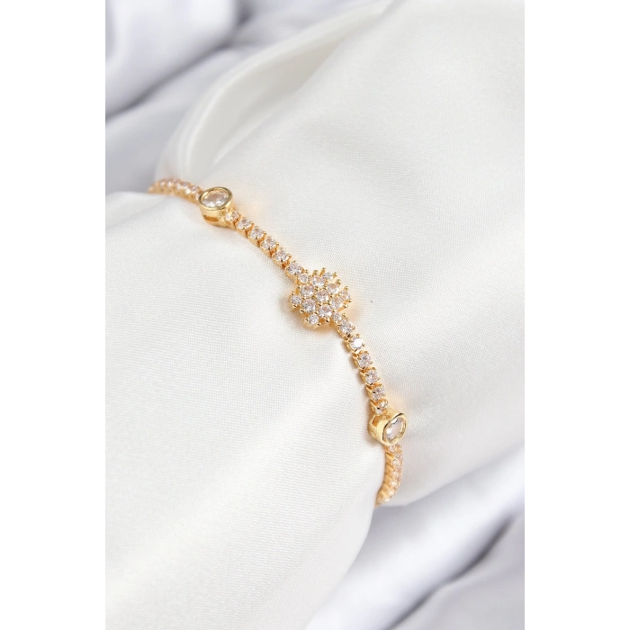 Mey İthalat® Pirinç Zirkon Taşlı Kar Tanesi Model Gold Renk Asansörlü Kadın Bileklik