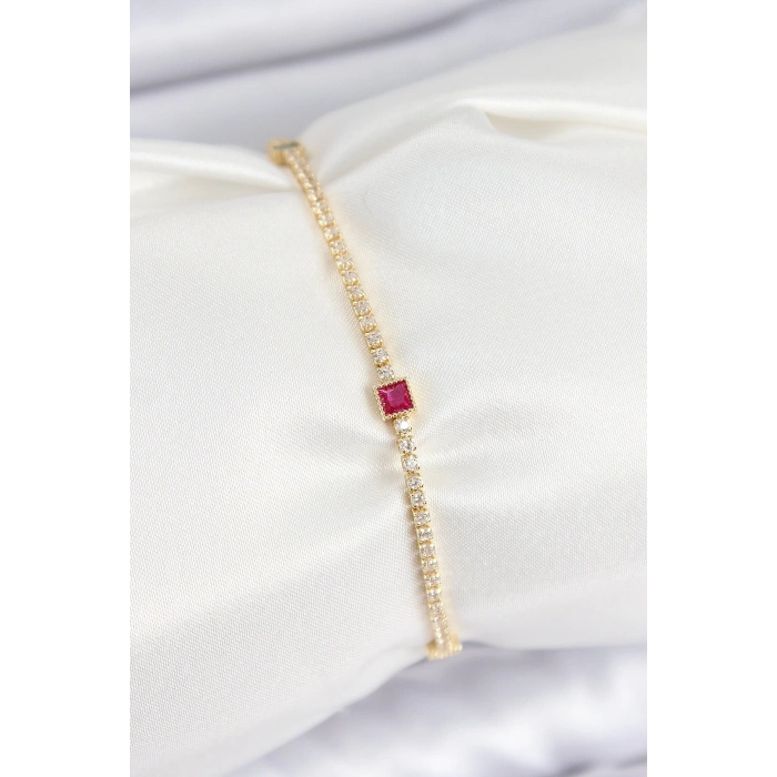 Mey İthalat® Pirinç Zirkon Taşlı Kare Model Gold Renk Kadın Bilekilk