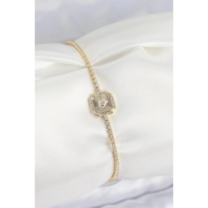 Mey İthalat® Pirinç Zirkon Taşlı Kare Model Gold Renk Kadın Bilekilk