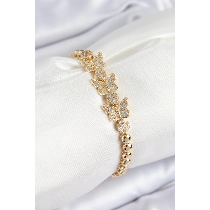 Mey İthalat® Pirinç Zirkon Taşlı Kelebek Model Gold Renk Kadın Bileklik