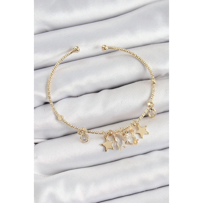 Mey İthalat® Pirinç Zirkon Taşlı Kelebek Ve Yıldız Model Gold Renk Charm Bileklik