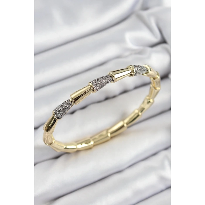 Mey İthalat® Pirinç Zirkon Taşlı Kemik Model Gold Renk Vip Kadın Bileklik