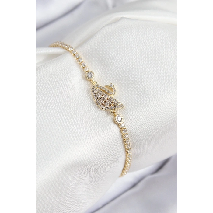 Mey İthalat® Pirinç Zirkon Taşlı Kuğu Model Gold Renk Kadın Bileklik