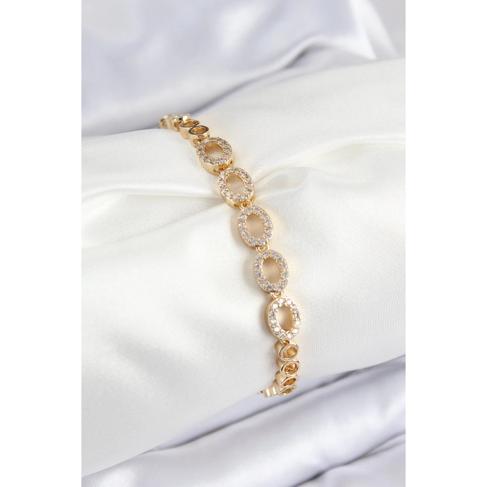 Mey İthalat® Pirinç Zirkon Taşlı Oval Model Gold Renk Kadın Bileklik