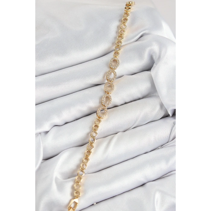 Mey İthalat® Pirinç Zirkon Taşlı Oval Model Gold Renk Kadın Bileklik