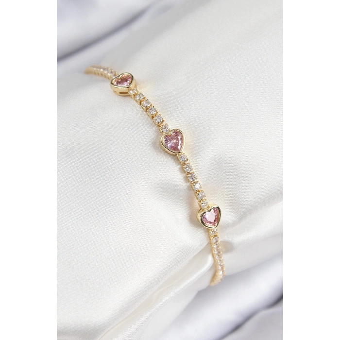 Mey İthalat® Pirinç Zirkon Taşlı Pembe Kalp Model Gold Renk Kadın Bileklik