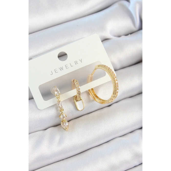 Mey İthalat® Pirinç Zirkon Taşlı Sallantılı Model Gold Renk 3lü Çift Kadın Küpe Set