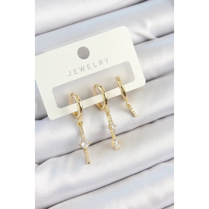 Mey İthalat® Pirinç Zirkon Taşlı Sallantılı Model Gold Renk 3lü Çift Kadın Küpe Set