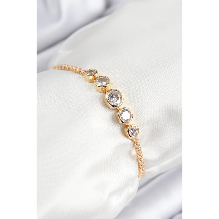Mey İthalat® Pirinç Zirkon Taşlı Sıralı Daire Model Gold Renk Asansörlü Kadın Bileklik