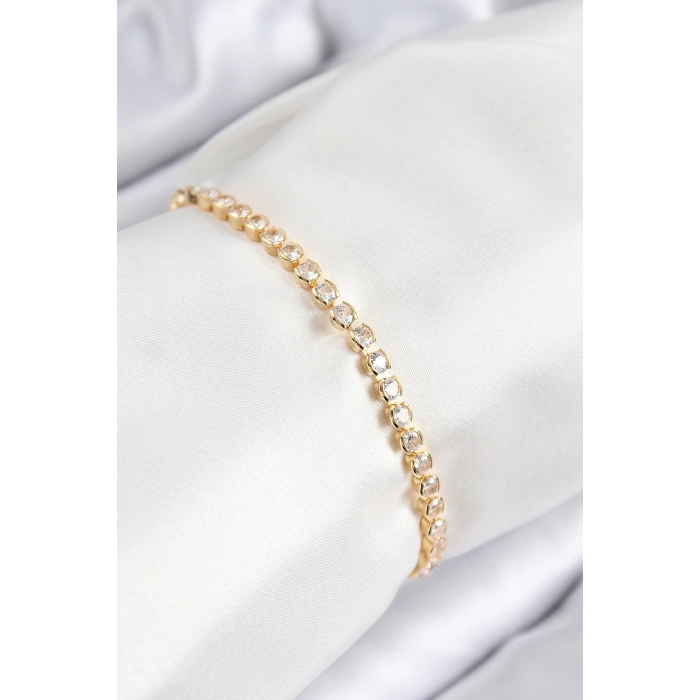 Mey İthalat® Pirinç Zirkon Taşlı Sıralı Model Gold Renk Asansörlü Kadın Bileklik
