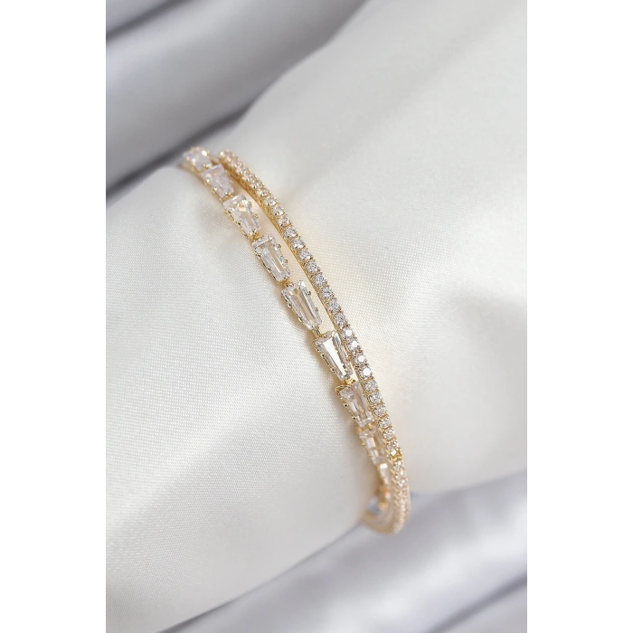 Mey İthalat® Pirinç Zirkon Taşlı Su Yolu Model Gold Renk Kadın Bileklik
