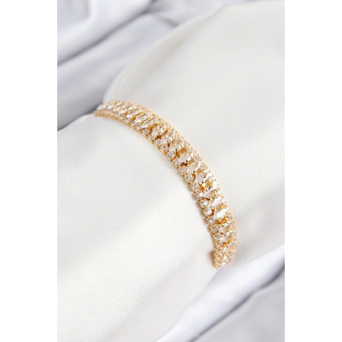 Mey İthalat® Pirinç Zirkon Taşlı Tennıs Model Gold Renk Asansörlü Kadın Bileklik