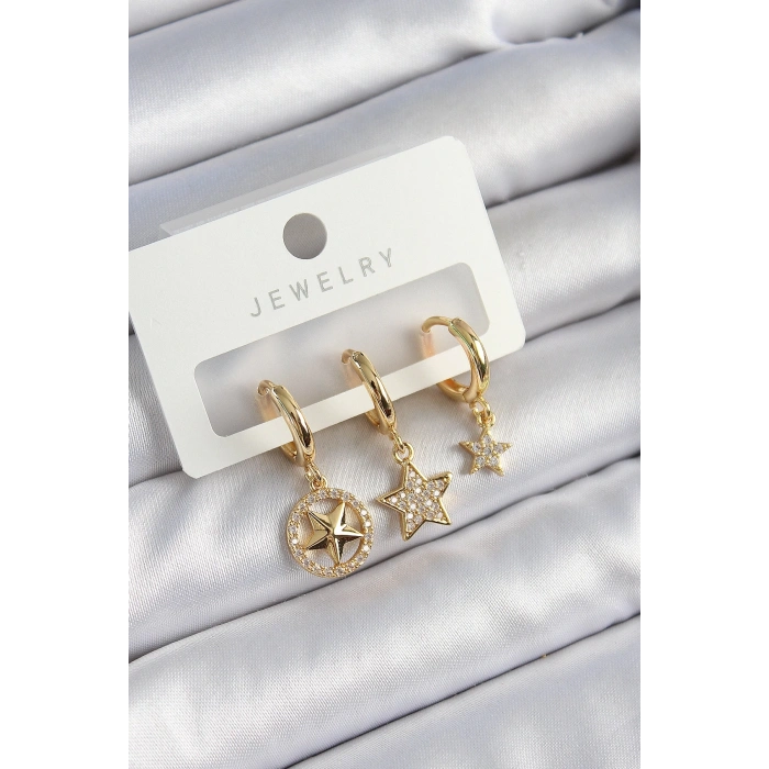 Mey İthalat® Pirinç Zirkon Taşlı Yıldız Model Gold Renk 3lü Çift Kadın Küpe Set