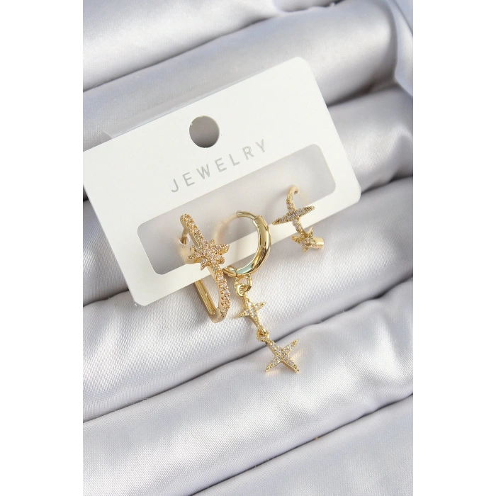 Mey İthalat® Pirinç Zirkon Taşlı Yıldız Model Gold Renk 3lü Çift Kadın Küpe Set