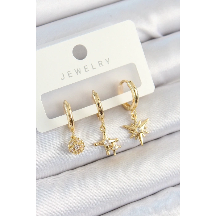 Mey İthalat® Pirinç Zirkon Taşlı Yıldız Model Gold Renk 3lü Çift Kadın Küpe Set