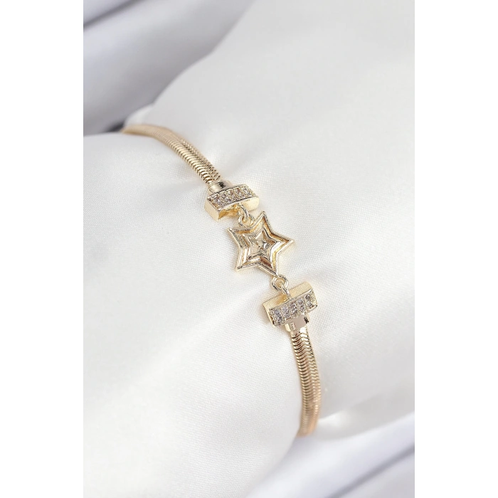 Mey İthalat® Pirinç Zirkon Taşlı Yıldız Model Gold Renk Kadın Bileklik