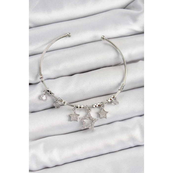 Mey İthalat® Pirinç Zirkon Taşlı Yıldız Model Gümüş Renk Charm Bileklik