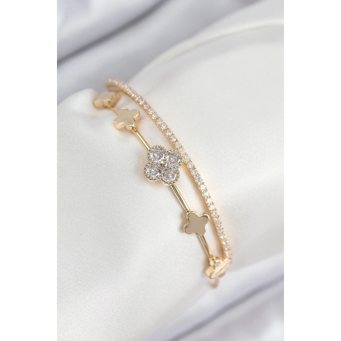 Mey İthalat® Pirinç Zirkon Taşlı Yonca Model Gold Renk Kadın Bileklik