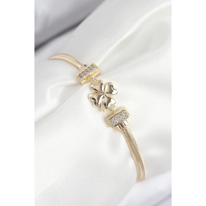 Mey İthalat® Pirinç Zirkon Taşlı Yonca Model Gold Renk Kadın Bileklik
