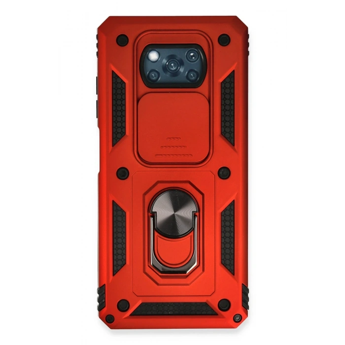 Mey İthalat®   Pocophone X3 Kılıf Pars Lens Yüzüklü Silikon - Kırmızı