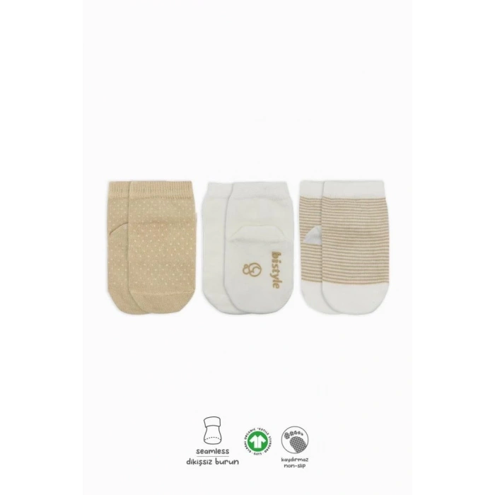 Mey İthalat®  Puanlı Kaymaz Penye Soket Çorap 3Lü BS10108 Bej