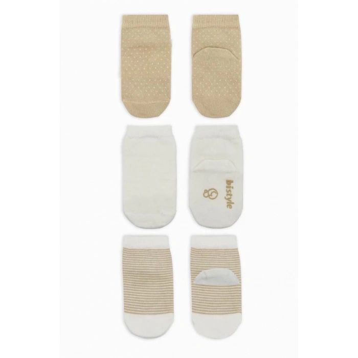 Mey İthalat®  Puanlı Kaymaz Penye Soket Çorap 3Lü BS10108 Bej