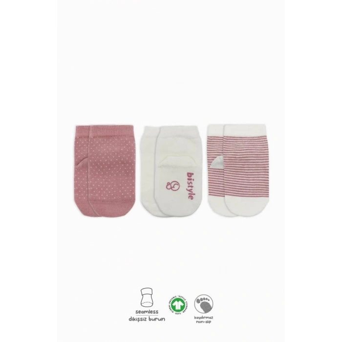 Mey İthalat®  Puanlı Kaymaz Penye Soket Çorap 3Lü BS10108 Pudra