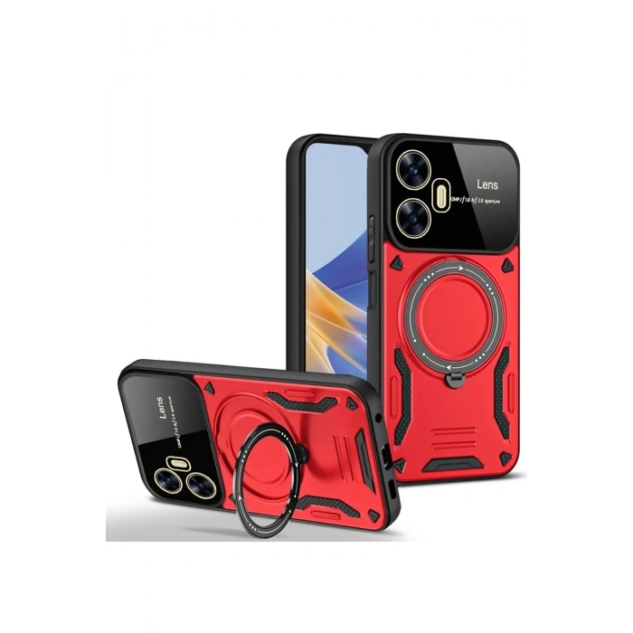 Mey İthalat®  Realme C55 Kılıf Joy Lens Standlı Kapak - Kırmızı